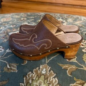 Frye Brown Clogs with Gold Studs